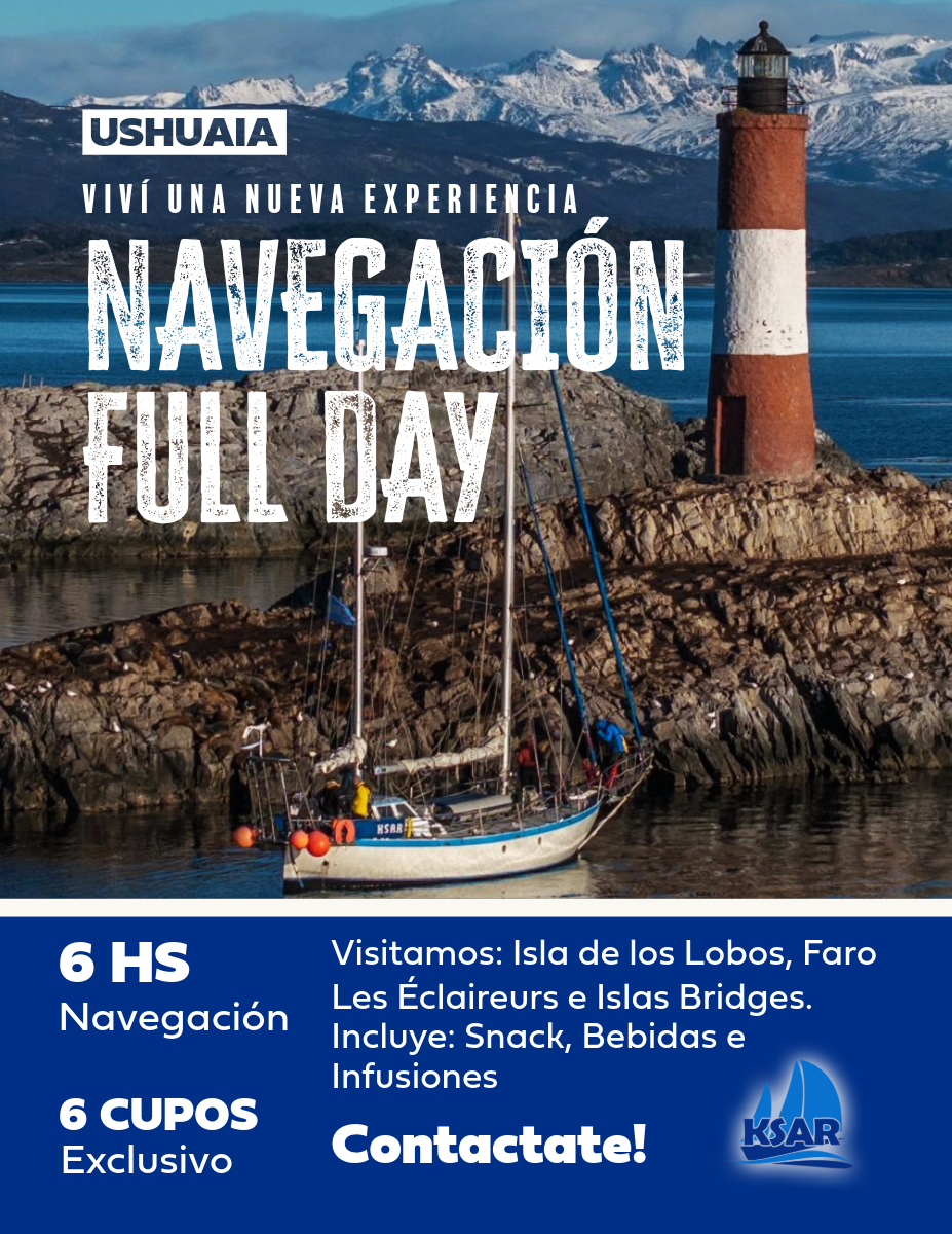 Full Day en el Canal Beagle Navegación deportiva a bordo del Velero Ksar Embárcate en una travesía única por las aguas míticas del Canal Beagle. Durante 6 horas de navegación, a bordo del velero Ksar, explorarás algunos de los paisajes más imponentes del Fin del Mundo en una experiencia personalizada para solo 6 personas. Desde la Bahía de Ushuaia, el Ksar zarpa hacia un recorrido inolvidable por los íconos naturales de Tierra del Fuego, combinando aventura, fauna marina y paisajes sobrecogedores. Una verdadera expedición deportiva, a vela, donde cada momento se convierte en una postal viva del extremo austral. Itinerario destacado: Isla de los Lobos Nos acercamos para observar de cerca a los lobos marinos de dos pelos en su entorno natural. Una experiencia fascinante para amantes de la fauna silvestre. Faro Les Éclaireurs Fotografía este faro histórico desde el velero, rodeado de aves del canal como cormoranes imperiales, gaviotas, petreles y palomas antárticas. Islas Bridges Anclamos en este conjunto de islas para disfrutar de un almuerzo a bordo, seguido de un trekking corto que permite explorar la vegetación nativa y avistar aves en un entorno de tranquilidad absoluta. Servicios incluidos: Almuerzo a bordo con sabores regionales Caminata en Islas Bridges Experiencia personalizada (máx. 6 pasajeros) Disfrutá de una jornada completa rodeado de naturaleza virgen, silencio patagónico y viento austral. Ideal para quienes buscan vivir el Canal Beagle de una forma auténtica, sin multitudes, y con el confort de un velero preparado para navegar en las condiciones más exigentes. Consultanos o reservá tu lugar a través del formulario de contacto.