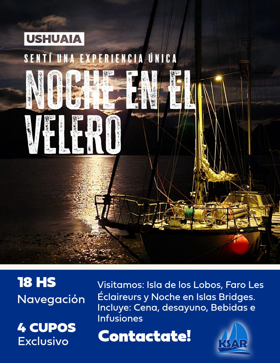 Noche en el Velero Una experiencia completa de navegación, cena y pernocte en el Canal Beagle Viví una experiencia distinta en el Fin del Mundo a bordo del Velero Ksar. Esta travesía te invita a disfrutar de una navegación de día completo por los paisajes más emblemáticos del Canal Beagle, con el valor agregado de pasar la noche fondeados en una caleta tranquila, bajo un cielo estrellado en las Islas Bridges. La propuesta incluye navegación deportiva, observación de fauna marina, trekking en isla y una cena especial a bordo, todo acompañado por el silencio de la naturaleza fueguina. Itinerario destacado: Zarpamos desde Ushuaia El recorrido comienza desde el puerto de Ushuaia, donde iniciamos la navegación rumbo a nuestros primeros destinos. Isla de los Lobos Observamos lobos marinos de dos pelos en su hábitat natural. Una oportunidad para disfrutar de la cercanía con estos animales en plena actividad. Faro Les Éclaireurs Fotografiamos desde el velero este faro emblemático, en un entorno donde habitan cormoranes reales, de cuello negro, gaviotas, cauquenes caranca, petreles y palomas antárticas. Islas Bridges Fondeamos en este conjunto de islas para realizar una caminata corta y disfrutar de una merienda mientras el sol comienza a descender. Cena bajo las estrellas Al llegar la noche, se sirve una cena caliente en la cubierta o en el interior del velero, dependiendo del clima. El silencio del entorno y el cielo fueguino completan un momento único. Pernocte a bordo Pasás la noche a bordo del Ksar, fondeado en un rincón protegido del Canal Beagle. Desayuno y regreso a Ushuaia Por la mañana, disfrutás de un desayuno a bordo antes de emprender el regreso a la ciudad. Servicios incluidos: Cena, desayuno, almuerzo y merienda a bordo Navegación deportiva con observación de fauna Caminata en Islas Bridges Pernocte en velero equipado y calefaccionado Una experiencia íntima para reconectar con la naturaleza y vivir la inmensidad del Canal Beagle desde adentro. Consultanos o solicitá disponibilidad a través del formulario de contacto.