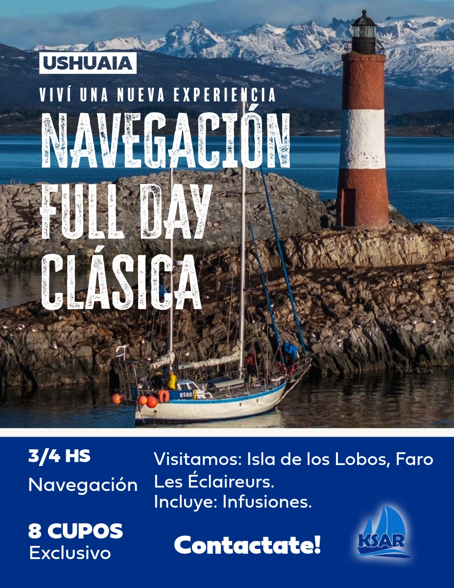 Full Day en el Canal Beagle Navegación deportiva a bordo del Velero Ksar Embárcate en una travesía única por las aguas míticas del Canal Beagle. Durante 3/4 horas de navegación, a bordo del velero Ksar, explorarás algunos de los paisajes más imponentes del Fin del Mundo en una experiencia personalizada para solo 8 personas. Desde la Bahía de Ushuaia, el Ksar zarpa hacia un recorrido inolvidable por los íconos naturales de Tierra del Fuego, combinando aventura, fauna marina y paisajes sobrecogedores. Una verdadera expedición deportiva, a vela, donde cada momento se convierte en una postal viva del extremo austral. Itinerario destacado: Isla de los Lobos Nos acercamos para observar de cerca a los lobos marinos de dos pelos en su entorno natural. Una experiencia fascinante para amantes de la fauna silvestre. Faro Les Éclaireurs Fotografía este faro histórico desde el velero, rodeado de aves del canal como cormoranes imperiales, gaviotas, petreles y palomas antárticas. Servicios incluidos: Infusiones a bordo con sabores regionales (máx. 8 pasajeros) Disfrutá de una jornada rodeado de naturaleza virgen, silencio patagónico y viento austral. Ideal para quienes buscan vivir el Canal Beagle de una forma auténtica, sin multitudes, y con el confort de un velero preparado para navegar en las condiciones más exigentes. Consultanos o reservá tu lugar a través del formulario de contacto.