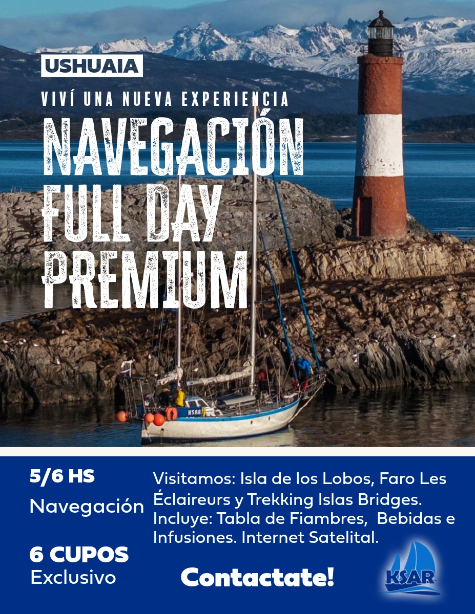 Full Day en el Canal Beagle Navegación deportiva a bordo del Velero Ksar Embárcate en una travesía única por las aguas míticas del Canal Beagle. Durante 6 horas de navegación, a bordo del velero Ksar, explorarás algunos de los paisajes más imponentes del Fin del Mundo en una experiencia personalizada para solo 6 personas. Desde la Bahía de Ushuaia, el Ksar zarpa hacia un recorrido inolvidable por los íconos naturales de Tierra del Fuego, combinando aventura, fauna marina y paisajes sobrecogedores. Una verdadera expedición deportiva, a vela, donde cada momento se convierte en una postal viva del extremo austral. Itinerario destacado: Isla de los Lobos Nos acercamos para observar de cerca a los lobos marinos de dos pelos en su entorno natural. Una experiencia fascinante para amantes de la fauna silvestre. Faro Les Éclaireurs Fotografía este faro histórico desde el velero, rodeado de aves del canal como cormoranes imperiales, gaviotas, petreles y palomas antárticas. Islas Bridges Anclamos en este conjunto de islas para disfrutar de un almuerzo a bordo, seguido de un trekking corto que permite explorar la vegetación nativa y avistar aves en un entorno de tranquilidad absoluta. Servicios incluidos: Almuerzo a bordo con sabores regionales Caminata en Islas Bridges Experiencia personalizada (máx. 6 pasajeros) Disfrutá de una jornada completa rodeado de naturaleza virgen, silencio patagónico y viento austral. Ideal para quienes buscan vivir el Canal Beagle de una forma auténtica, sin multitudes, y con el confort de un velero preparado para navegar en las condiciones más exigentes. Consultanos o reservá tu lugar a través del formulario de contacto.